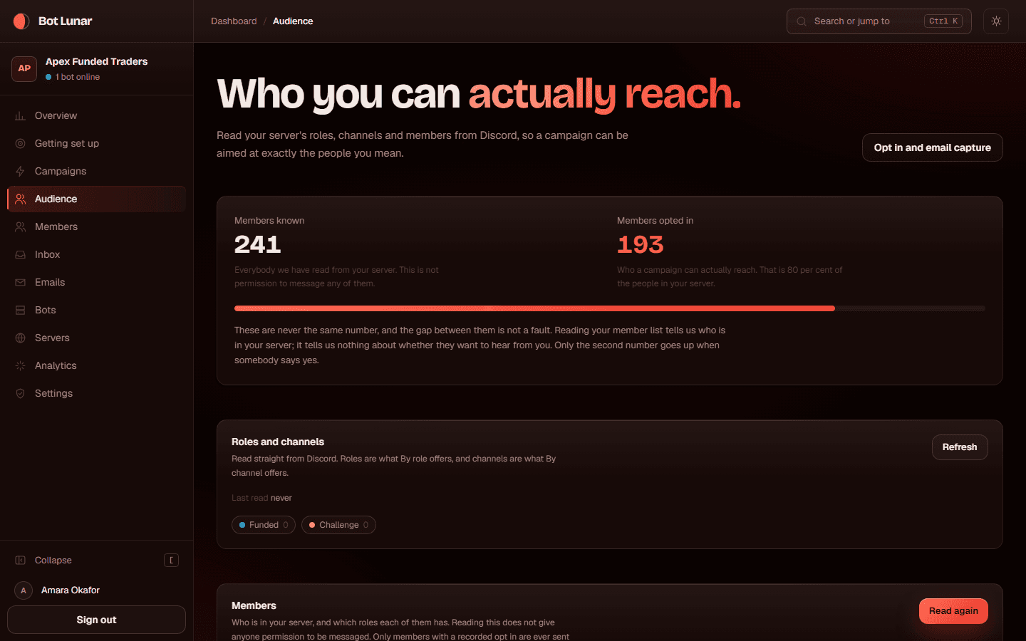 The audience page showing known and opted in counts with the permission split