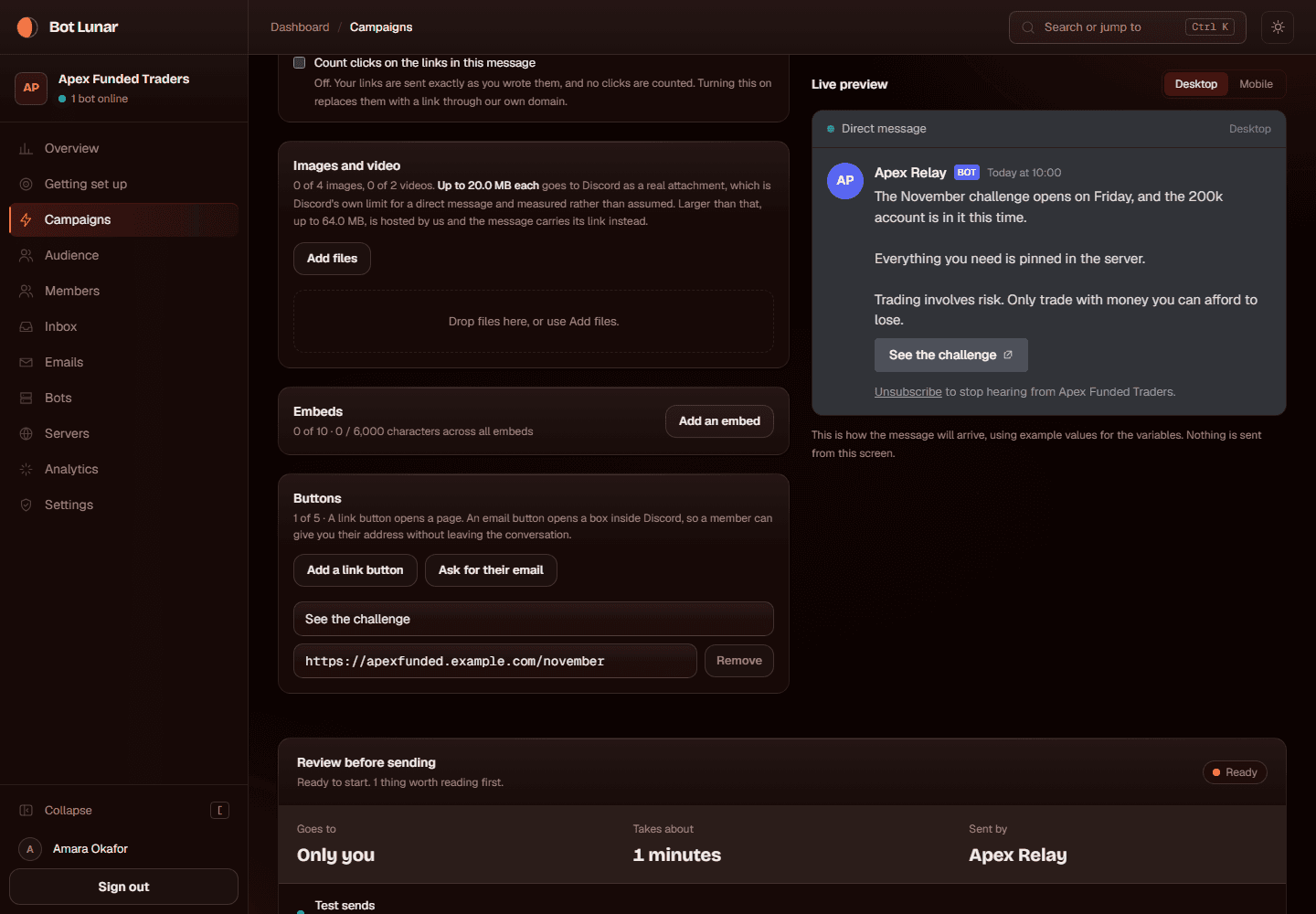 The composer with a button and the link tracking switch
