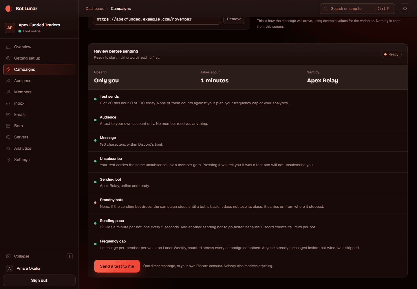 The review panel with the send a test to me button
