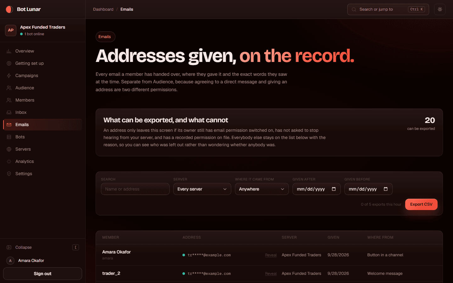The emails page listing captured addresses and their source